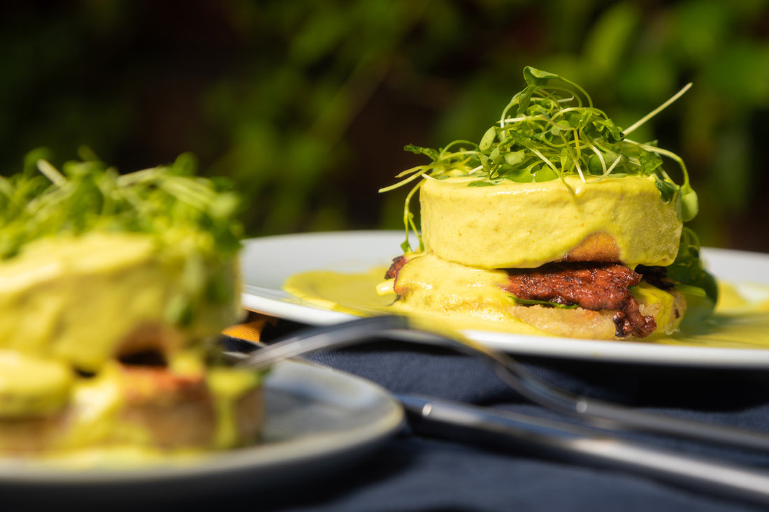 Eddie Garza's Tofu Eggs Benedict with Hollandaise and Tempeh Bacon